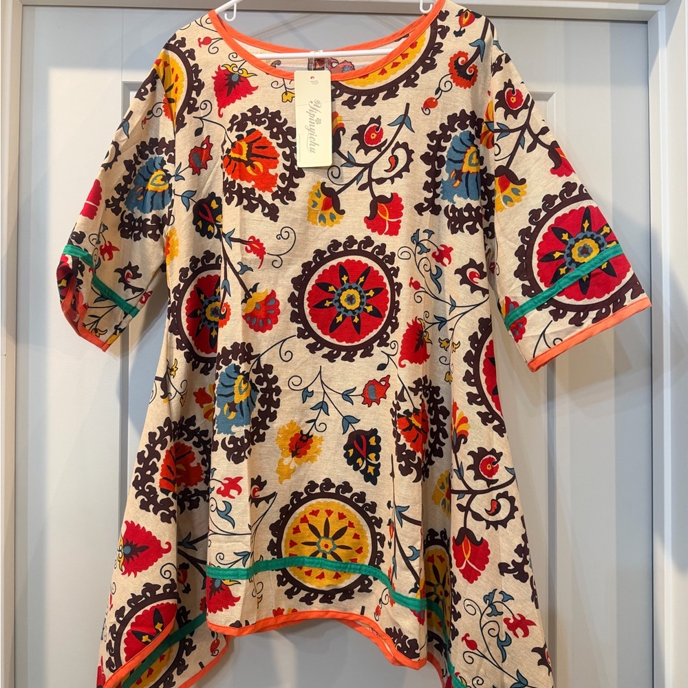 Vibrant Floral Midi Dress with Orange Accents